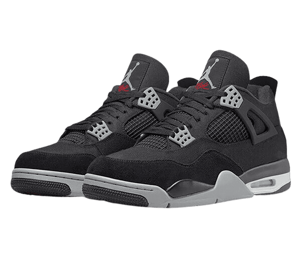 A pair of AJ4 Retro sneakers in two shades of black uppers and gray lace cages and outsoles.
