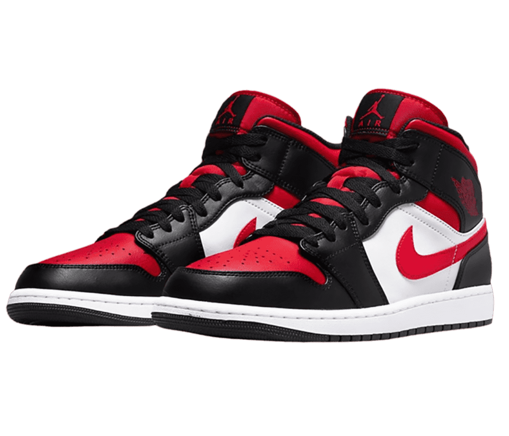 A pair of AJ1 sneakers in black, white, and red.