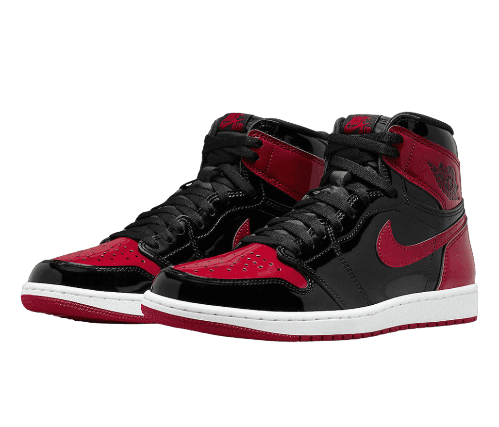 A pair of AJ1 High sneakers in black and patent leather.