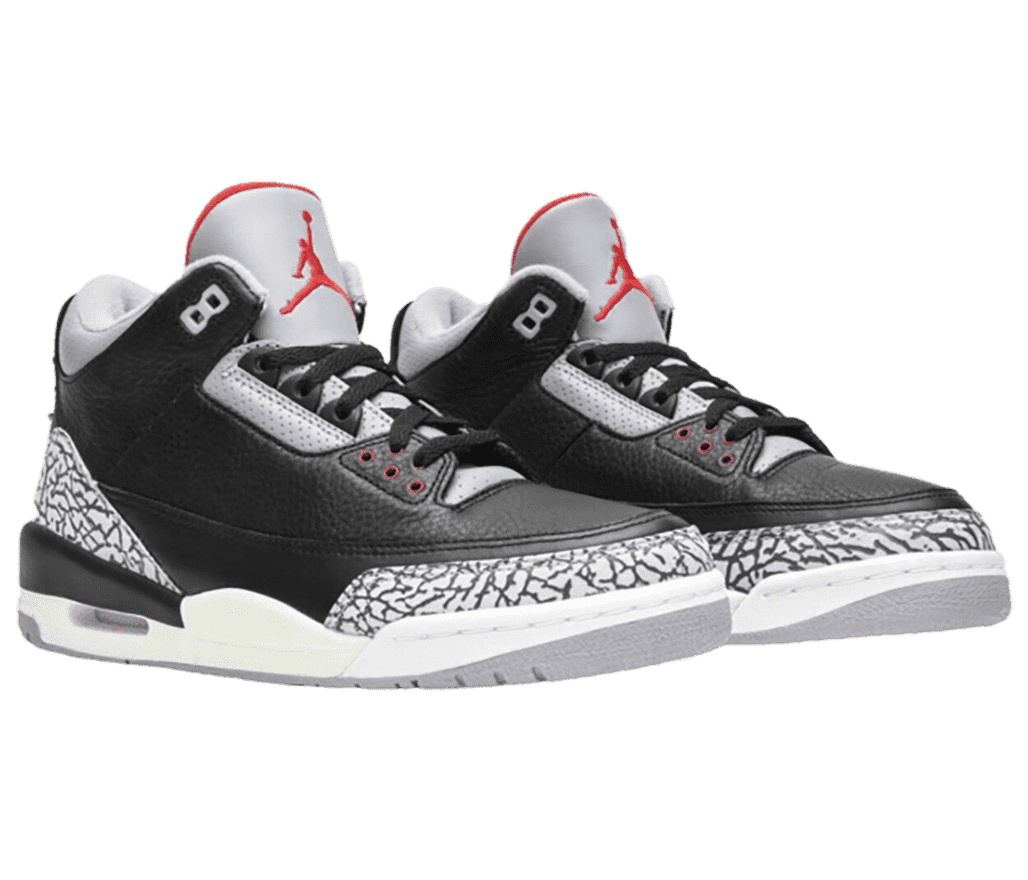 A black pair of AJ3 “Black Cement” sneakers with gray outsoles and tongues, black and gray elephant print tips and heels, and red Jordan logo.