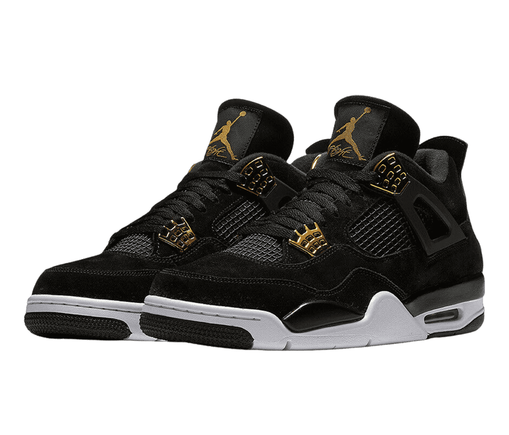 A black suede pair of AJ4 “Royalty” sneakers with gold lace cages and logos on the tongue and white soles.