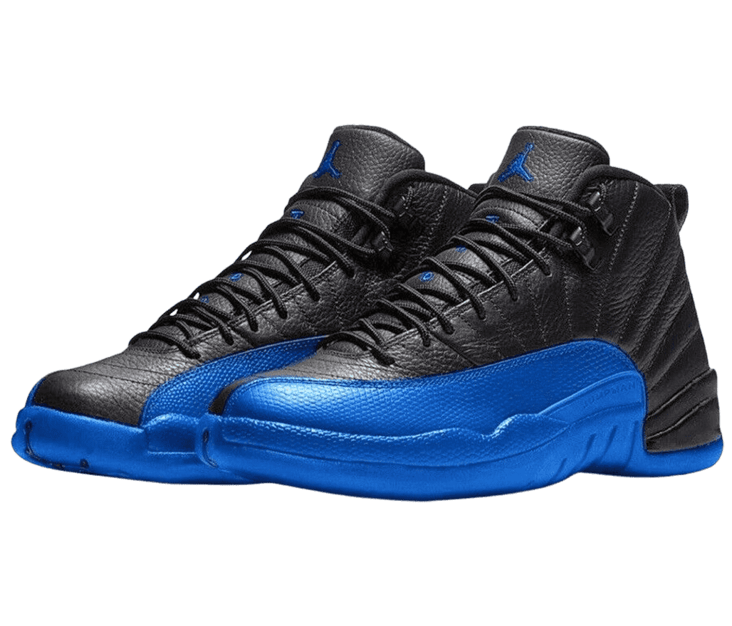 A black leather pair of AJ12 “Game Royal” sneakers with blue soles and mudguards and black lace locks.