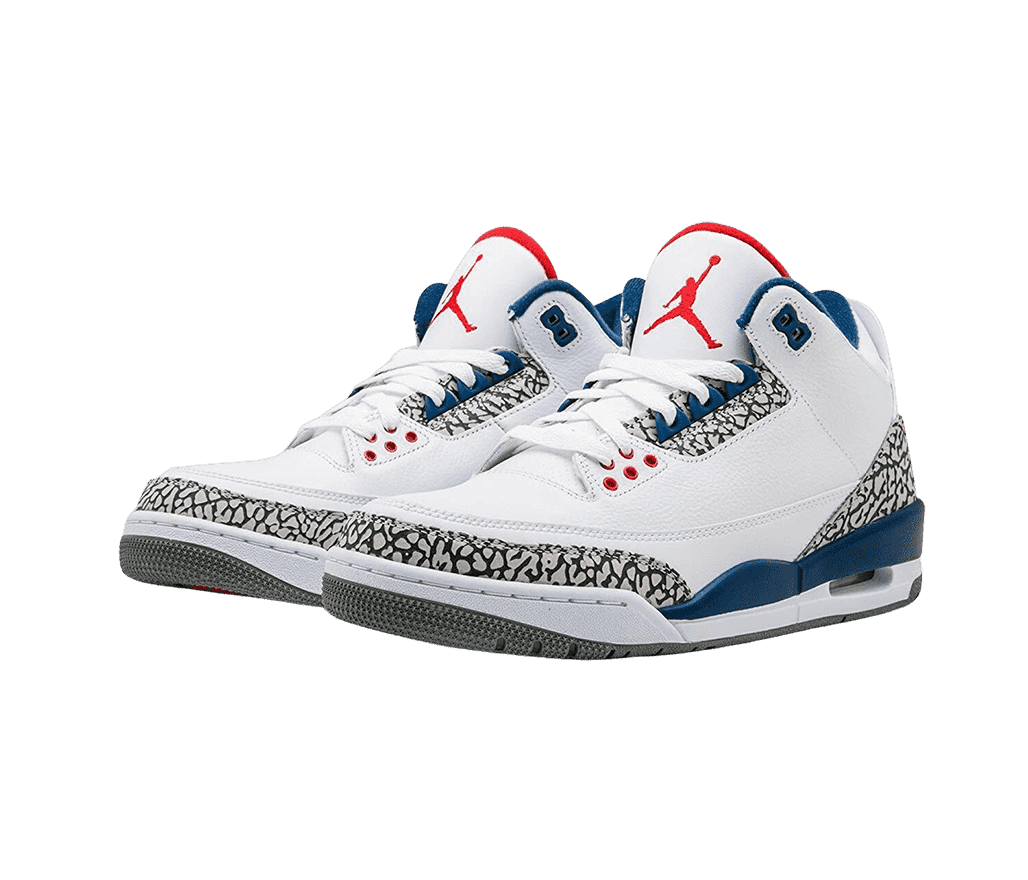 A pair of white AJ3 sneakers with blue accents around the sole and collar, a gray outsole, elephant print tips, and heels, and a red Jordan logo.