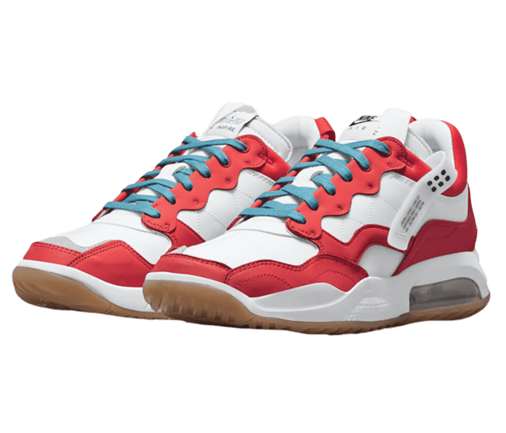 A pair of Jordan MA2 sneakers in red and white with wavy overlays and a gum sole.