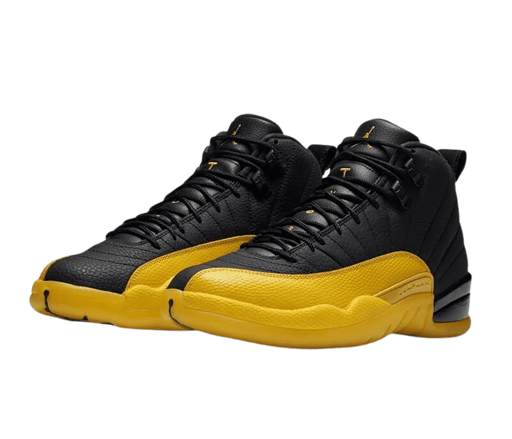 A black pair of AJ12 “University Gold” sneakers with gold mudguards.