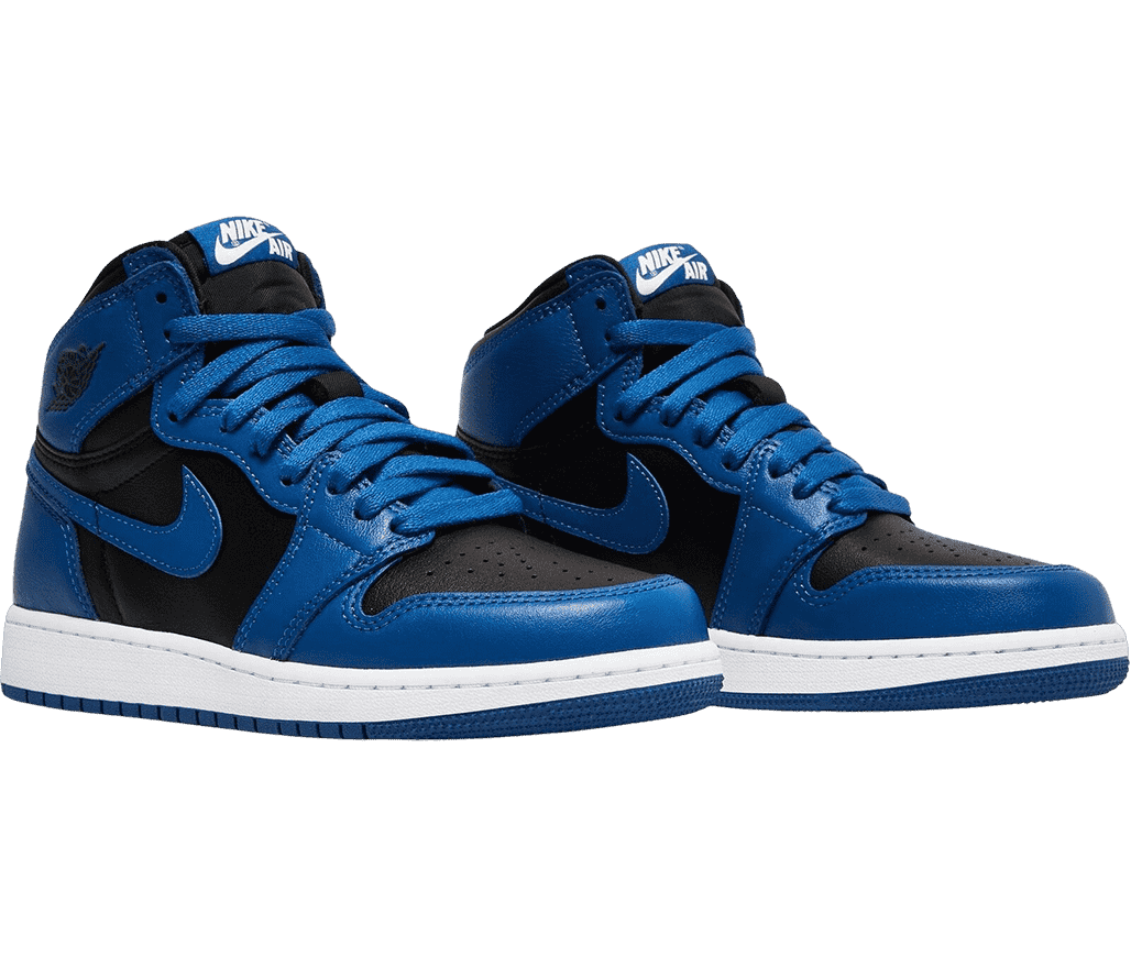 A pair of AJ1 “Marina Blue” Mid sneakers with blue leather tips, heels, and laces, white midsoles, and black toeboxes, quarters, and tongues.