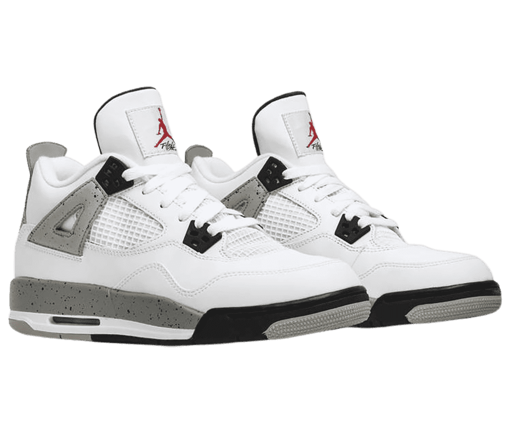 A white pair of AJ4 “White Cement” sneakers with black lace cages and soles, and gray black-speckled detailing.