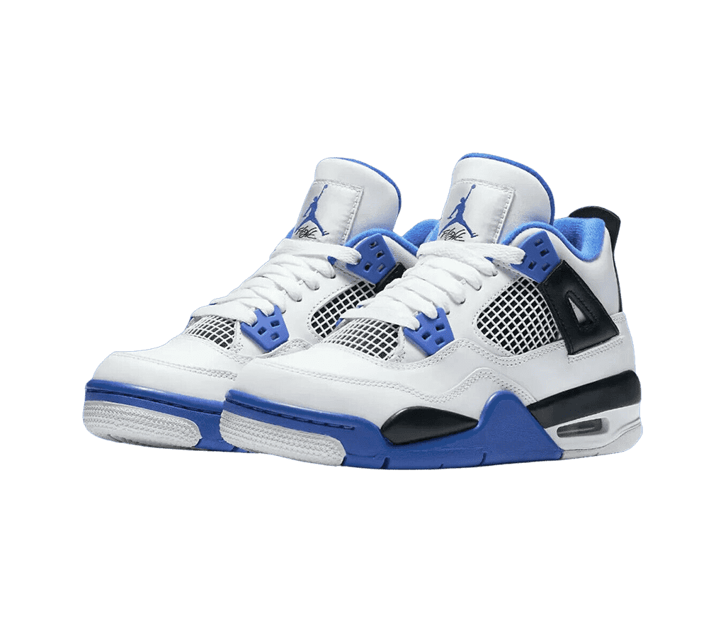 A white pair of AJ4 “Motorsports” sneakers with blue and black lace cages, and midsoles, and blue tongue lining and Jumpman logo on the tongue pulls.