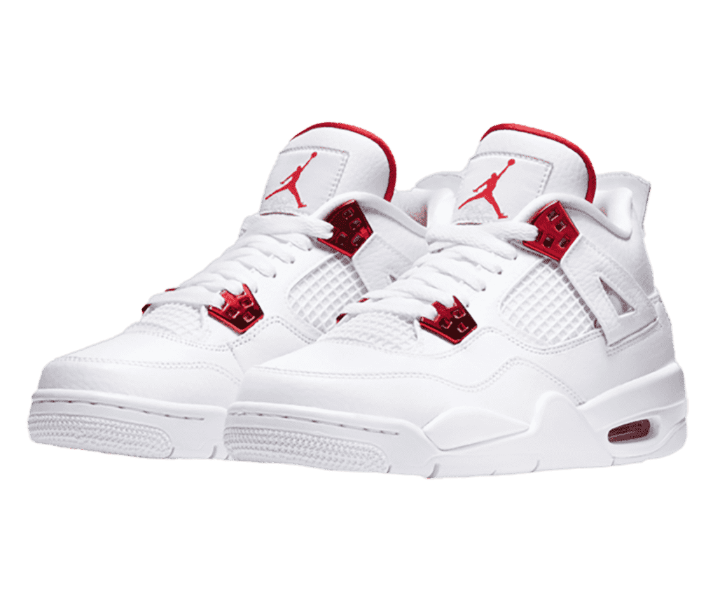 A white pair of AJ4 sneakers with dark red shiny lace cages, red air bubble, tongue lining, and Jumpman logo on the tongue pulls.