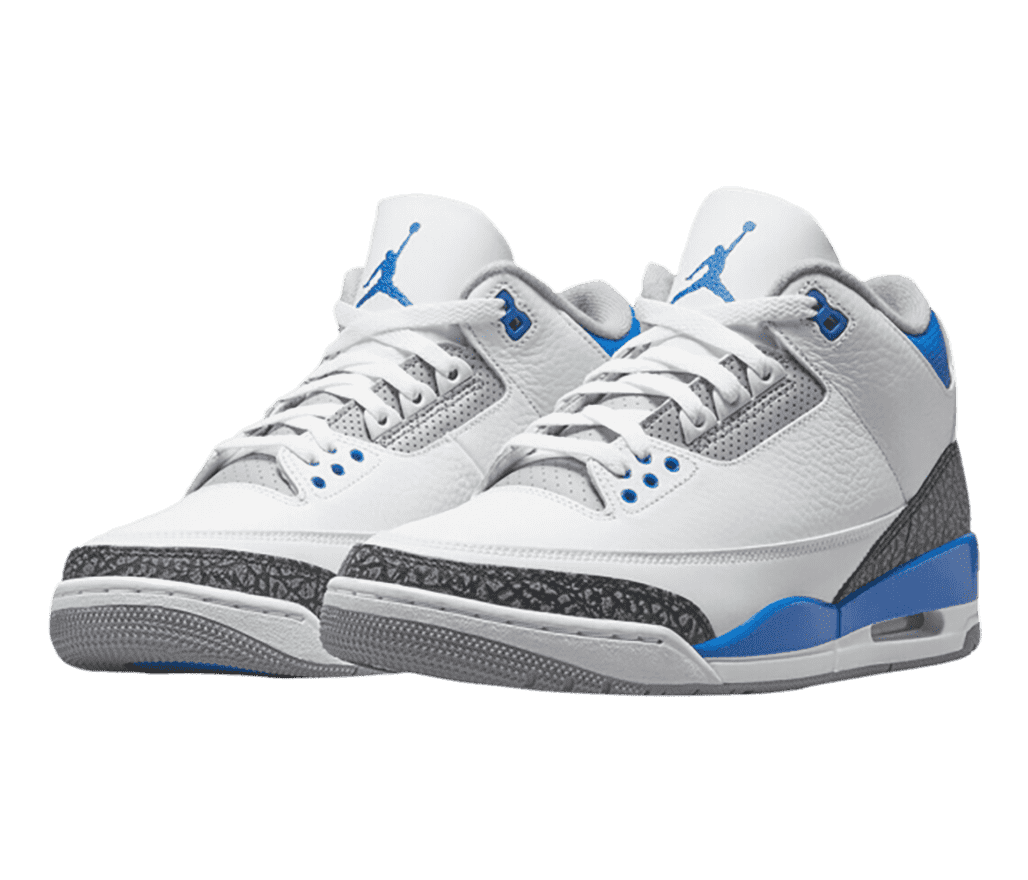 A pair of white AJ3 sneakers with blue accents at the heel and eyelets, a gray outsole, and dark gray elephant print tips and heels.