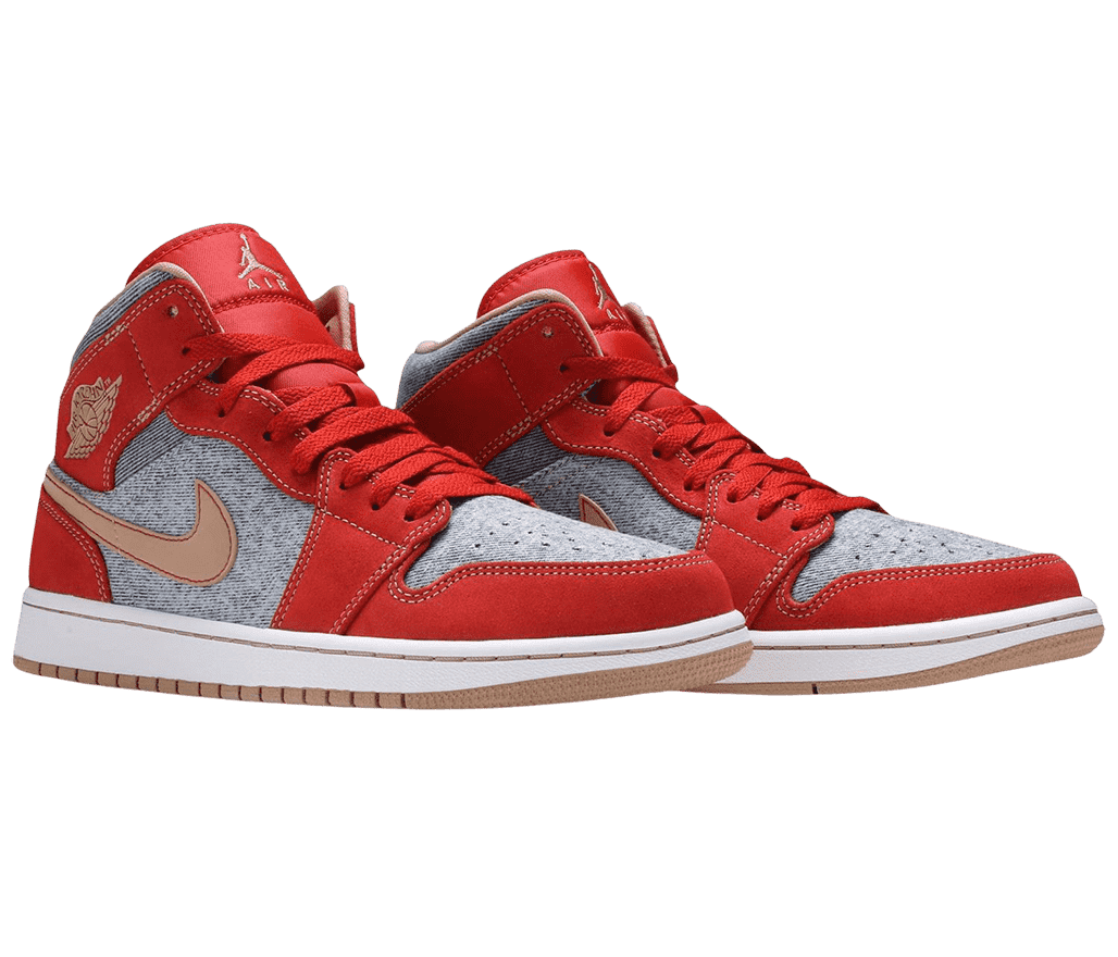 A pair of AJ1 “Denim Red” Mid sneakers with white denim toeboxes and quarters, beige Nike Swoosh marks, Jordan logos, and outsoles, white midsoles, and red tips, tongues, vamps, and laces.
