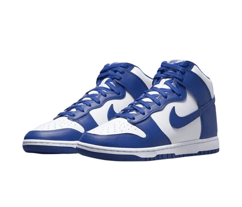 A pair of Nike Dunk “Game Royal” High sneakers in white uppers with blue overlays and outsoles.
