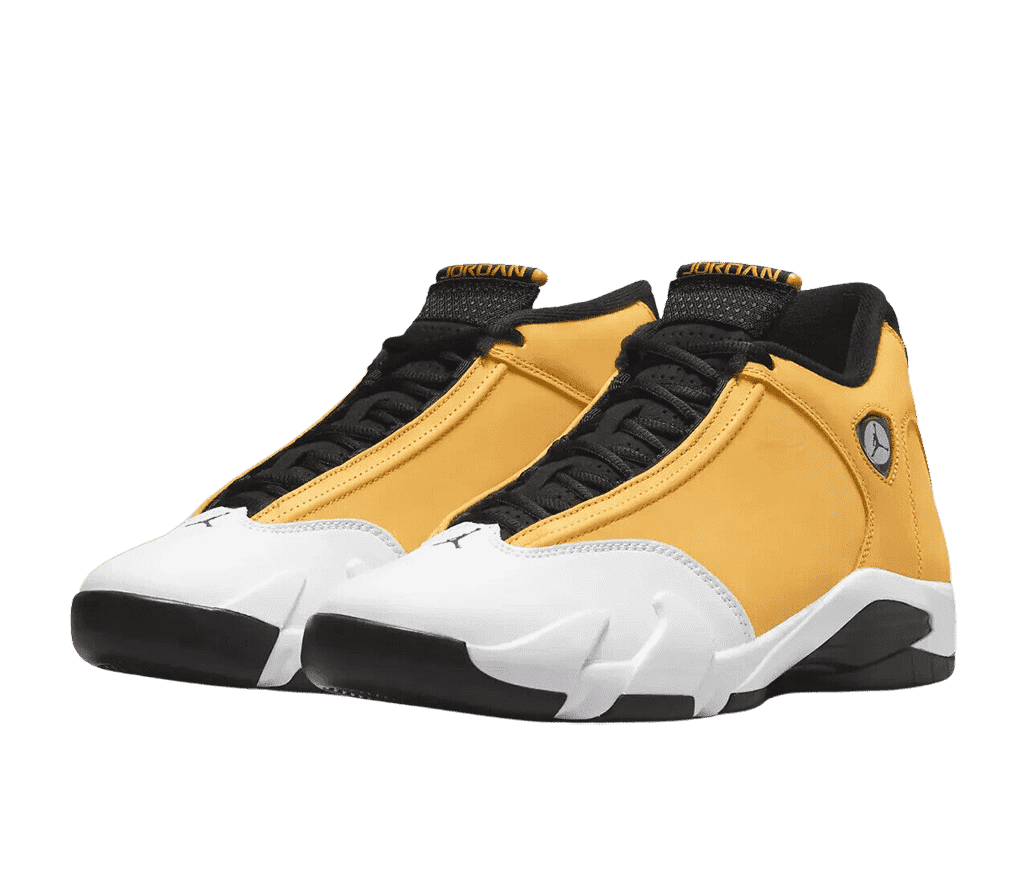 A pair of AJ14 “Light Ginger” in a golden yellow suede, white toeboxes and midsoles, and black outsoles, tongues, laces, and lining. One Jordan logo is under the collar and another at the top of the toebox.