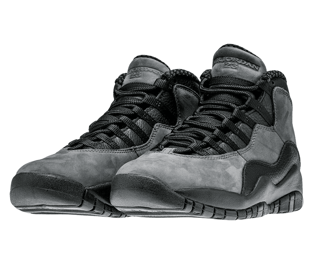 A black pair of AJ10 “Shadow” sneakers with wavy overlays of black and gray suede.
