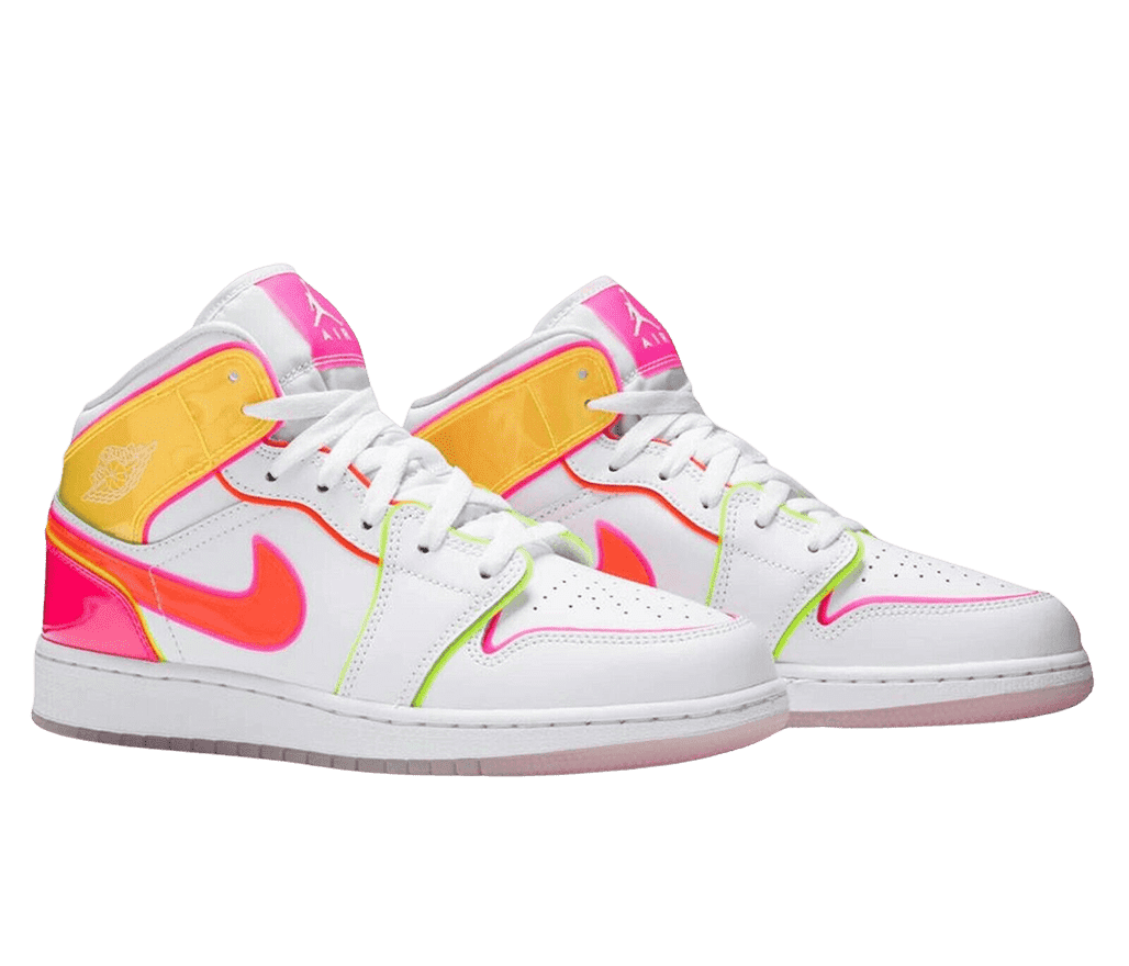 A white pair of AJ1 Mid “Edge Glow” with glossy overlays and lined details of yellow, pink, lime green, and blood orange.