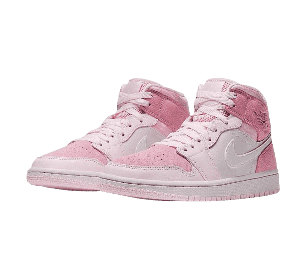 A pair of AJ1 Mid “Digital Pink” sneakers in different shades of pink suede, white midsoles and Swooshes, and darker leather heels.