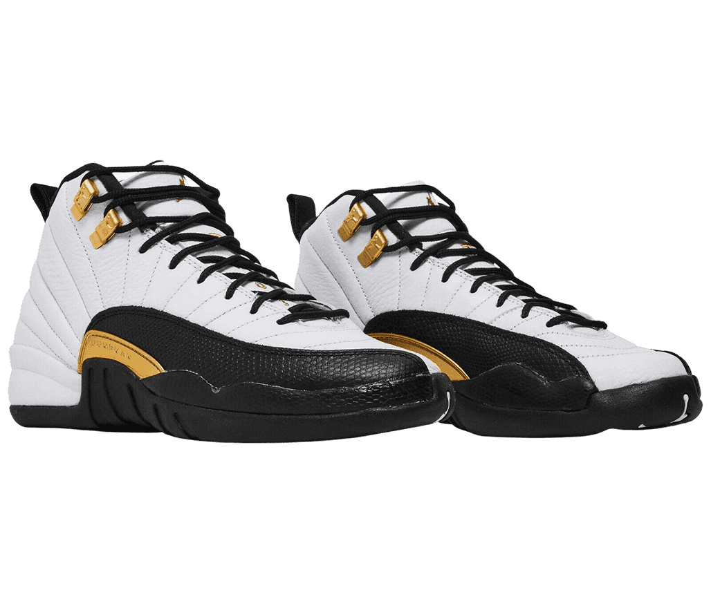 A pair of AJ12 “Royalty Taxi” Retro sneakers in white leather, black soles, a black leather mudguards with a gold accent in the middle of the lateral side, and gold lace locks.