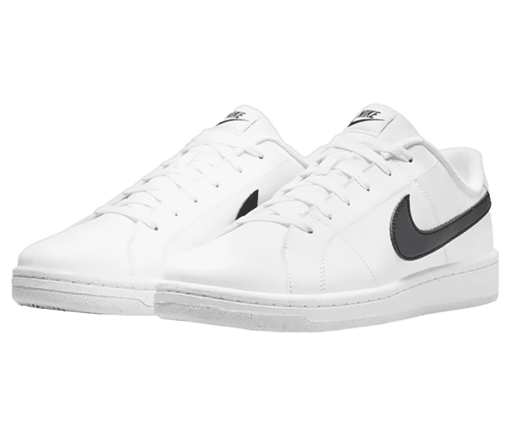 A white pair of Nike Court Royale 2 sneakers with a black Nike Swoosh.