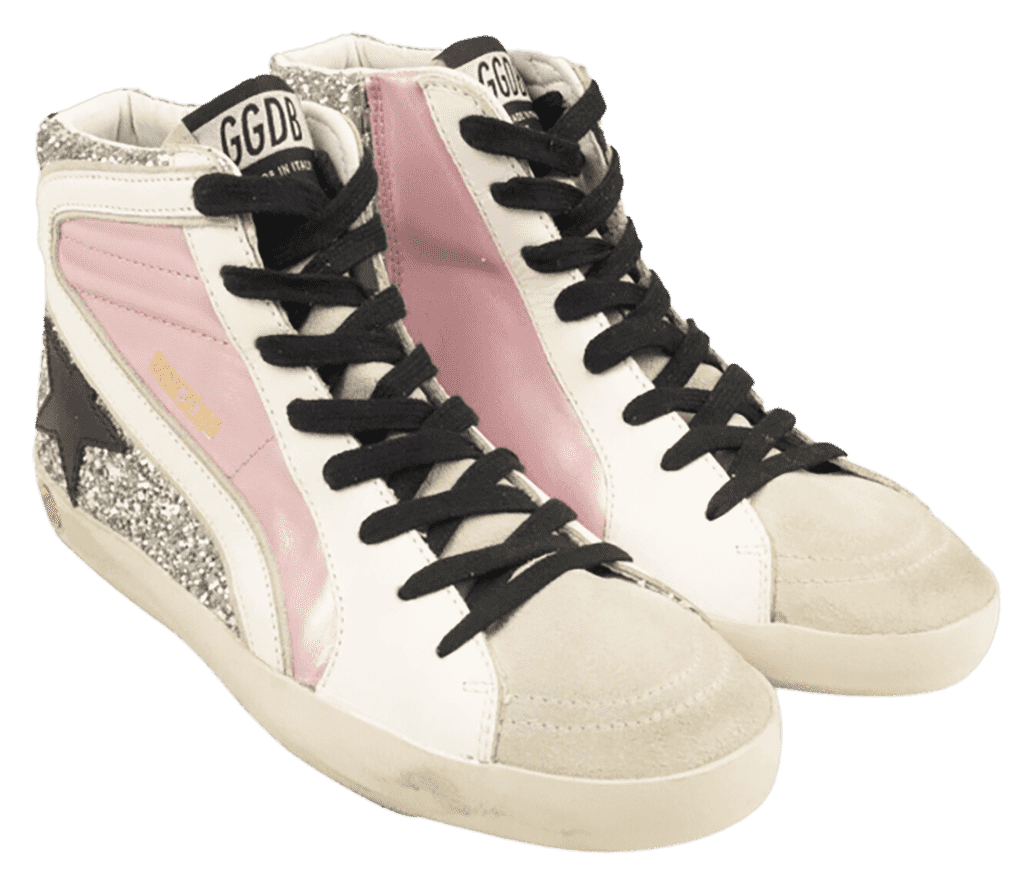 A pair of Golden Goose Slide Glitter high top sneakers with light beige suede, black laces and star overlay, pink patent leather on both sides, and glitter collars and heels.
