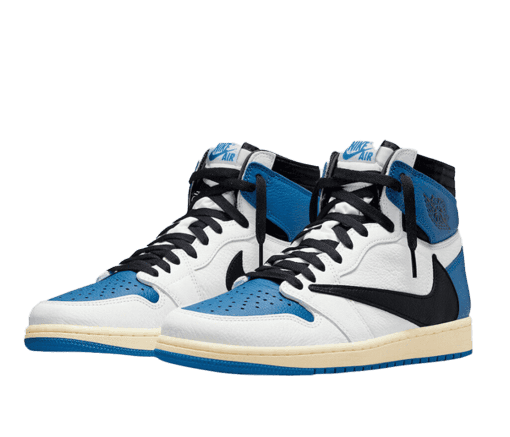 A pair of white, light-blue, and black high-top sneakers. The Nike swoosh logo is reversed, with it pointing towards the toe of the shoe.