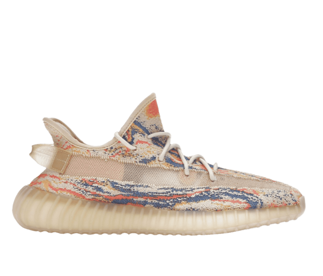 A side shot of a Yeezy Boost sneaker. They feature a yellow, orange, and blue swirl-patterned upper, a semi-transparent stripe in the middle, and yellow tab at the heel.
