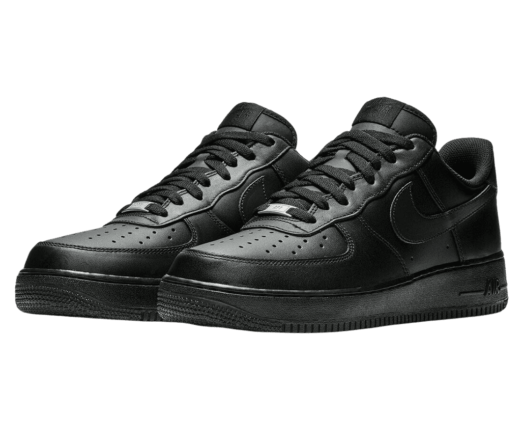 A pair of AF1 ‘07 sneakers in all-black with a gray lace tag.