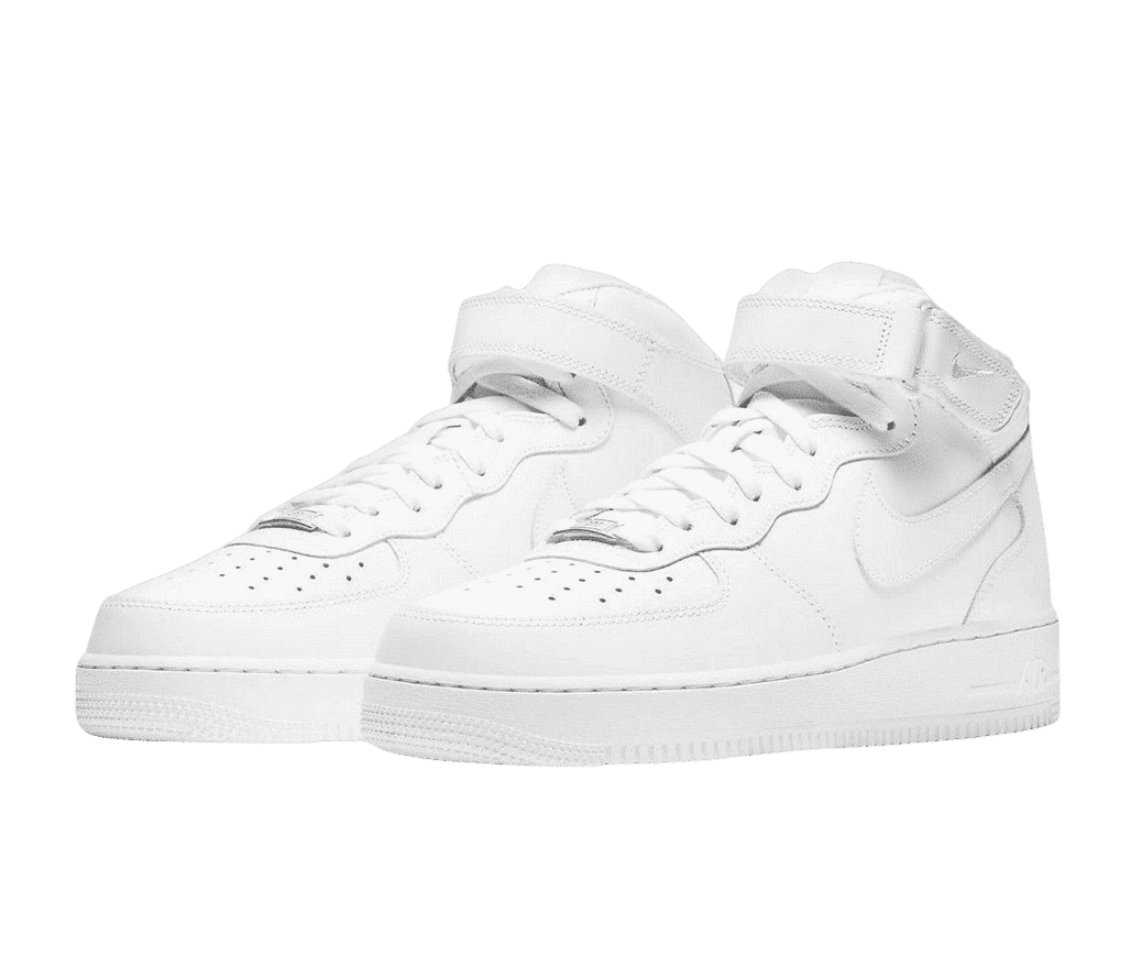 A pair of Nike AF1 Mid '07 sneakers in all-white with a chrome lace tag and velcro strap at the top.