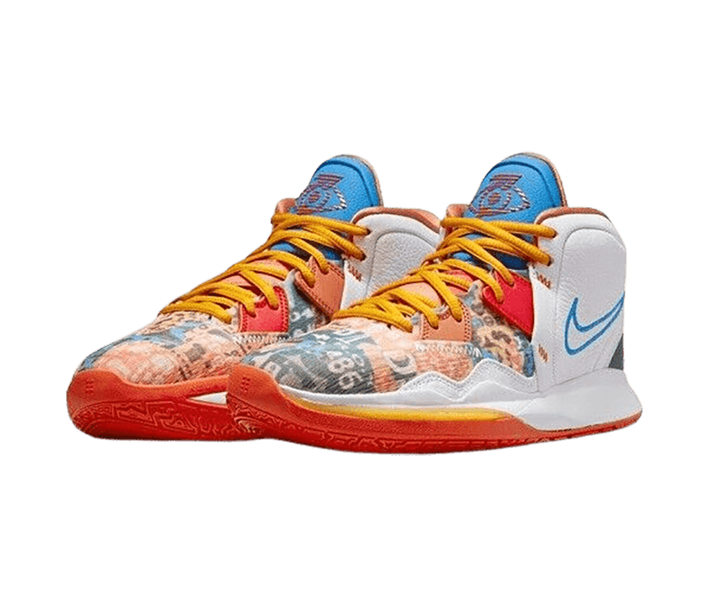 A pair of Nike Kyrie “Infinity” sneakers with a multi-color arrangement including red, orange, blue, and white.