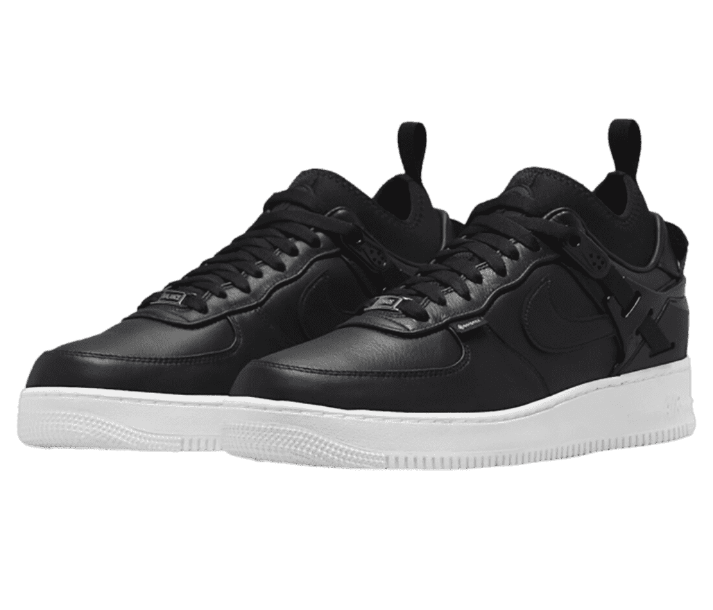 A black leather pair of AF1 “Undercover” Low sneakers with hook-and-loop lace locks and a padded collar with a heel-pull.