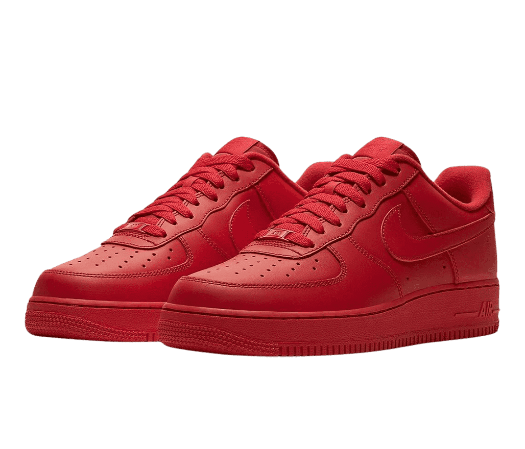 A pair of Nike AF1 Low “University Red” sneakers in all-red.