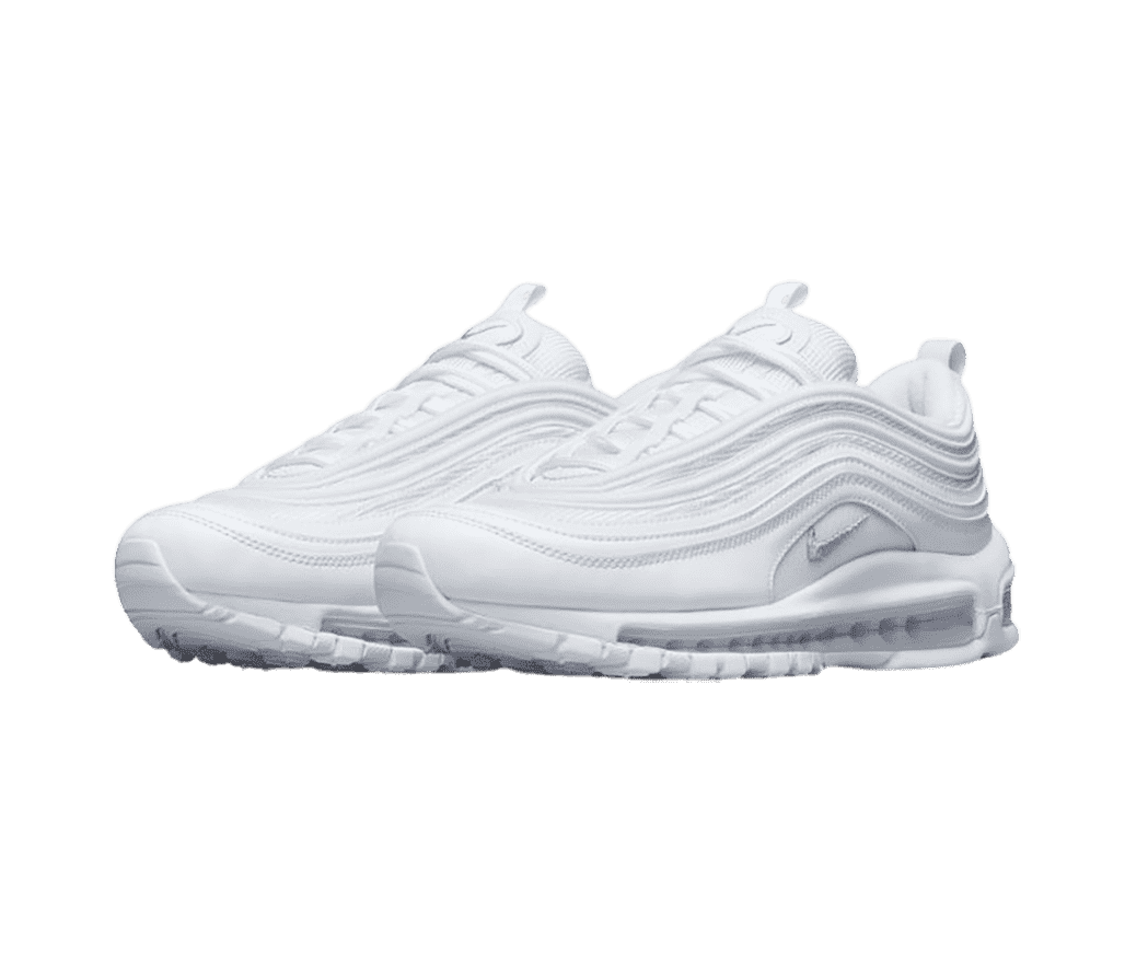 A pair of Nike Air Max 97 sneakers in all-white fabric, suede, and rubber.