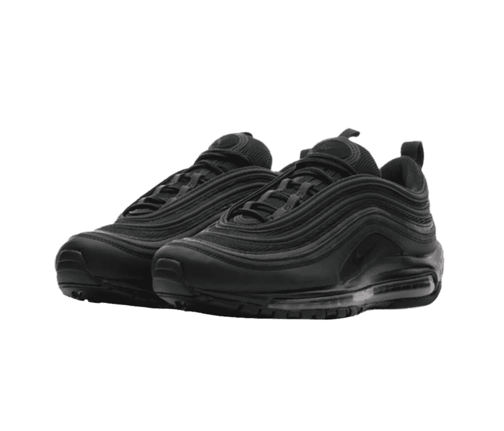 A pair of Nike Air Max 97 sneakers in all-black fabric, suede, and rubber.