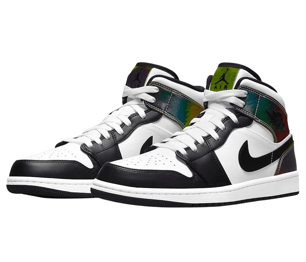 A pair of AJ1 Heat Reactive sneakers in white with black overlays and a dark rainbow spectrum covering the color-changing lace guards.