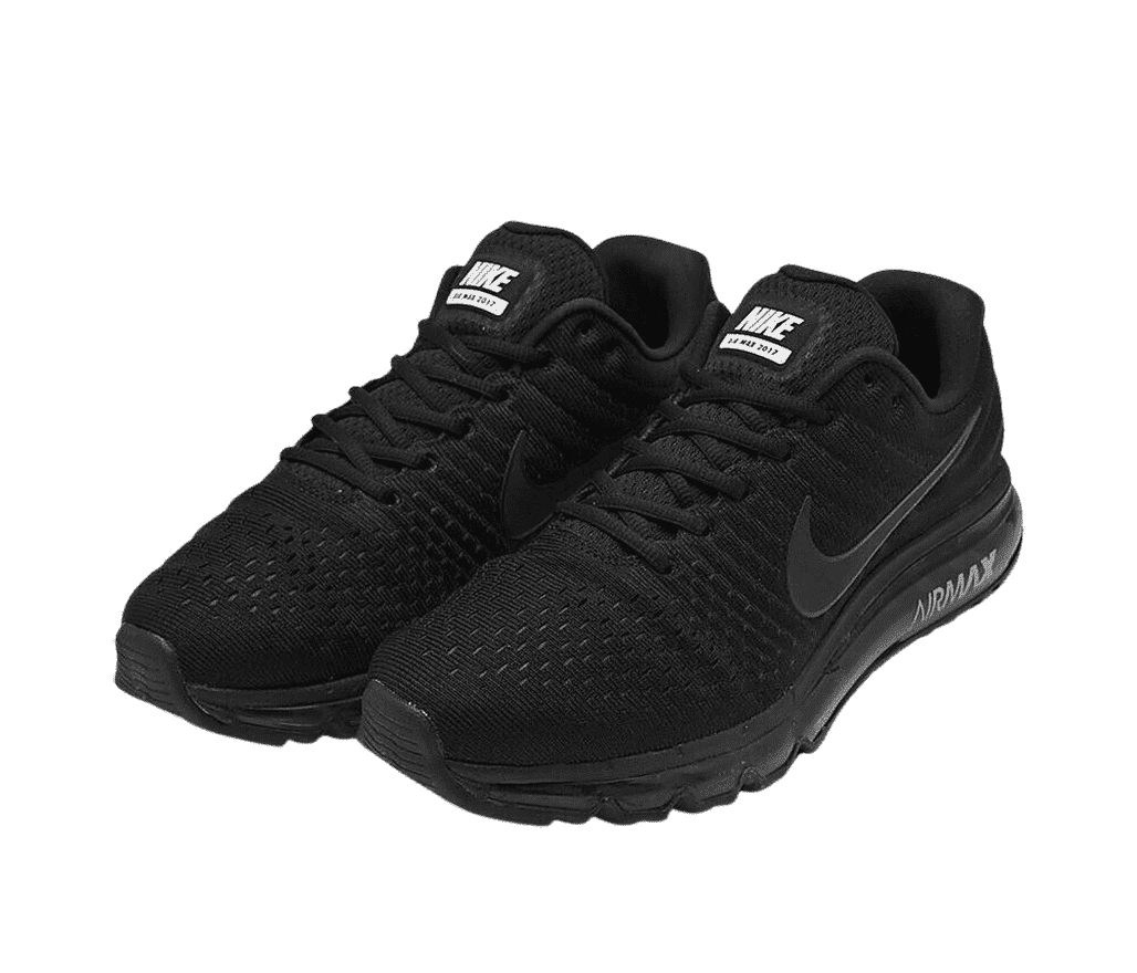 A black pair of Nike Air Max 2017 sneakers in a mesh upper and white Nike logo on the tongue.