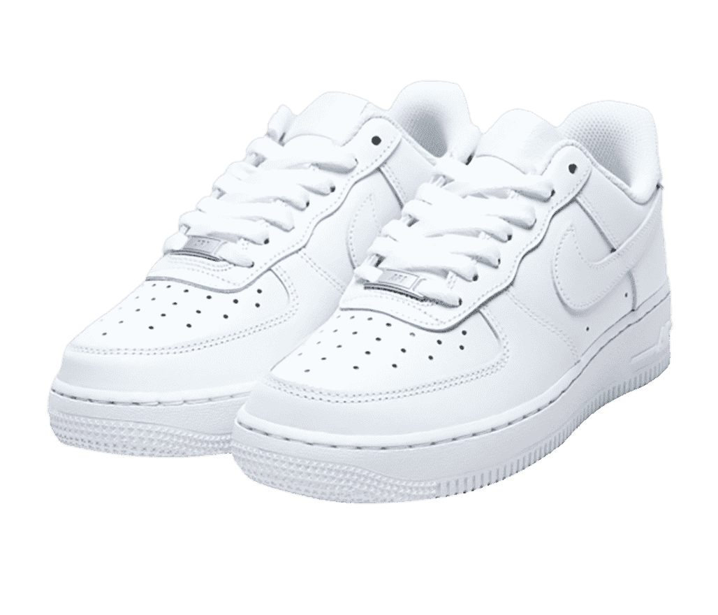 An all-white pair of Nike AF1 Low sneakers with a chrome tag on the laces.