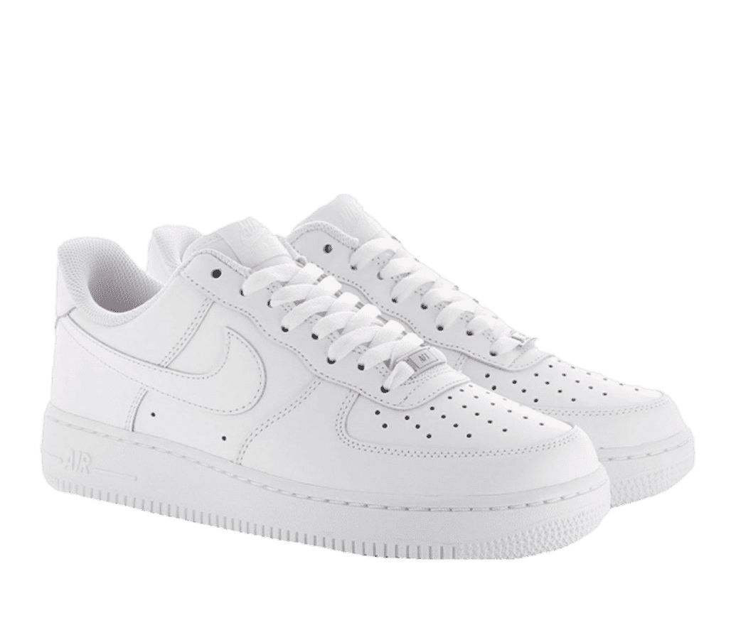 A pair of fully white leather Nike Air Force 1s.