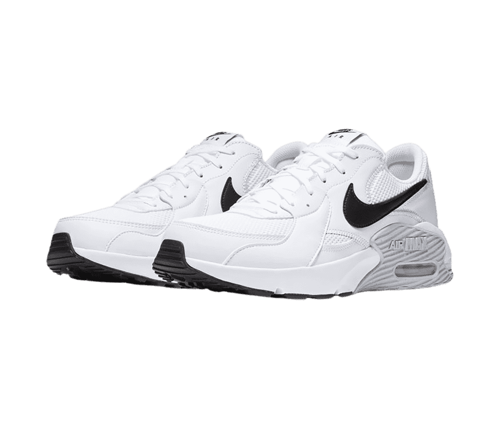 A white pair of Nike Air Max Excee sneakers with black Swoosh marks and outsoles and a gray heel on the sides.