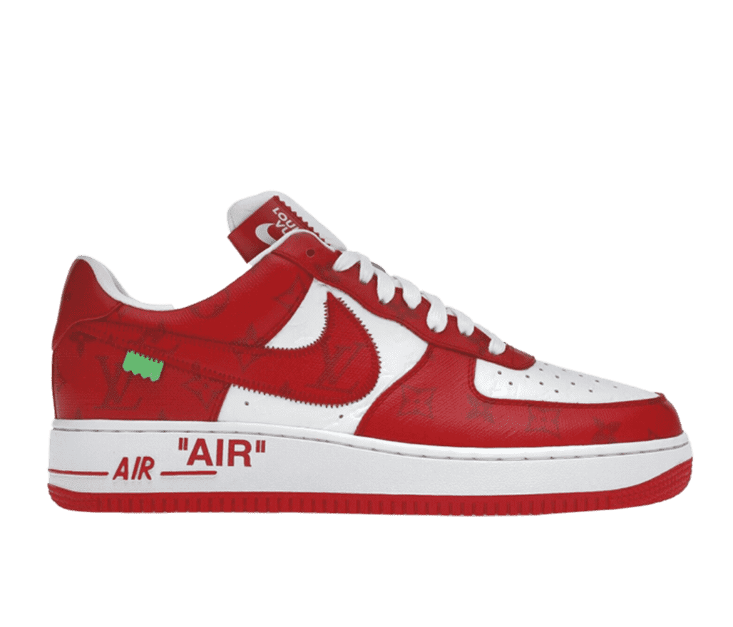 A red and white Nike x Louis Vuitton sneaker. The sole is white on the edges and red on the bottom with 'AIR' written twice near the heel. The upper part of the shoe is white under red leather, patterned with a subtle red Louis Vuitton logo. On the side of the shoe, a lime green tag is attached.