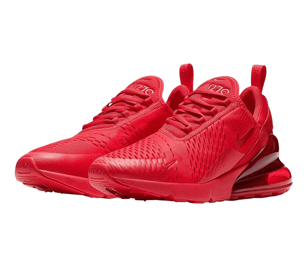 A pair of Nike Air Max 270 “Triple Red” sneakers with perforated sections on all sides and translucent heels.