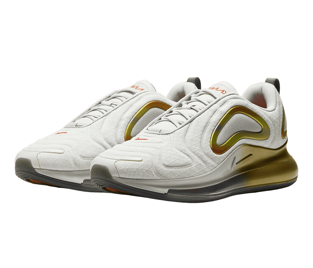 A white pair of Nike Air Max 720 sneakers in nylon uppers with gold gradient finishes.