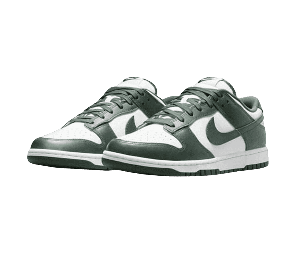 A pair of Nike Dunk Low sneakers in white leather uppers and dark olive overlays and soles.