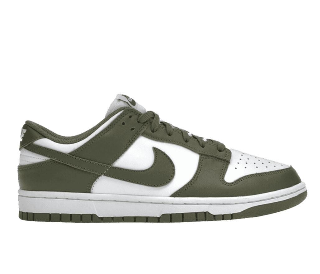 A side view of the Nike Dunk Low Medium Olive. The colorway comes in a white base and midsole with a deep olive overlay and collar lining. All of which are in a smooth leather finish.