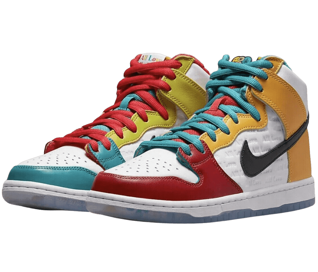 A pair of froSkate x Nike SB Dunk High sneakers in white with red, teal, and yellow overlays,a black Swoosh, and a repeated word pattern that reads, “All love” debossed into the midsections on both sides.
