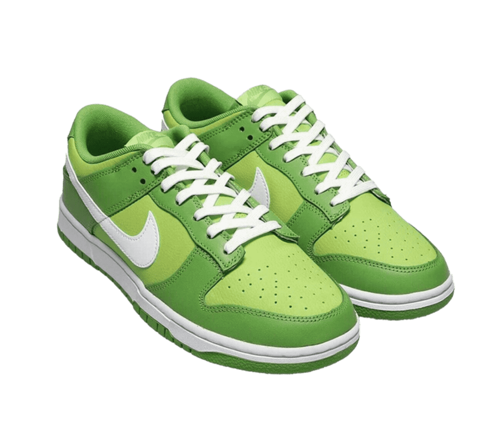 A top, angular view of the Nike Dunk Low 'Vivid Green'. This flashy colorway comes in a light green base and a slightly darker green overlay and inner lining with white laces and a white Nike swoosh. This low contrast shoe comes in a smooth leather finish.