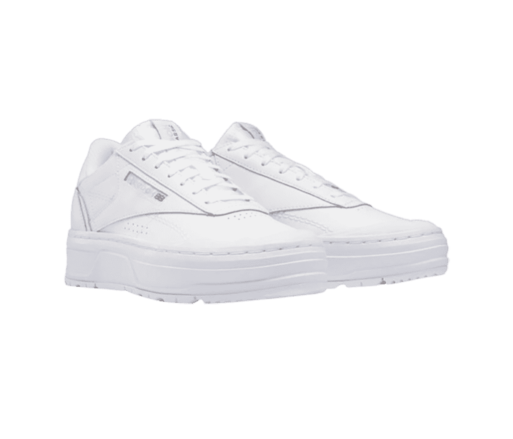 A pair of all-white Reebok Club C Double Geo sneakers with platform sole.