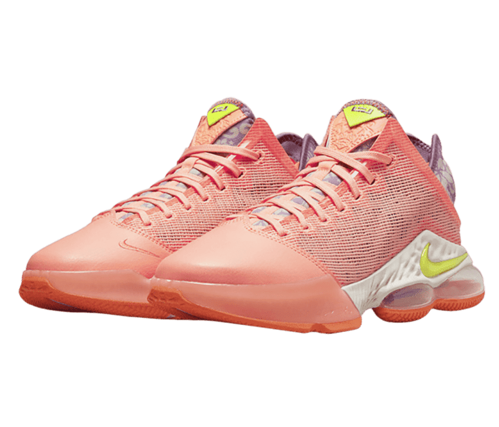 A pair of Nike Lebron 19 “Hawaii” sneakers in a pink salmon, a white embossed midsole, lime Swoosh and tongue tag, and plastic mesh sides.