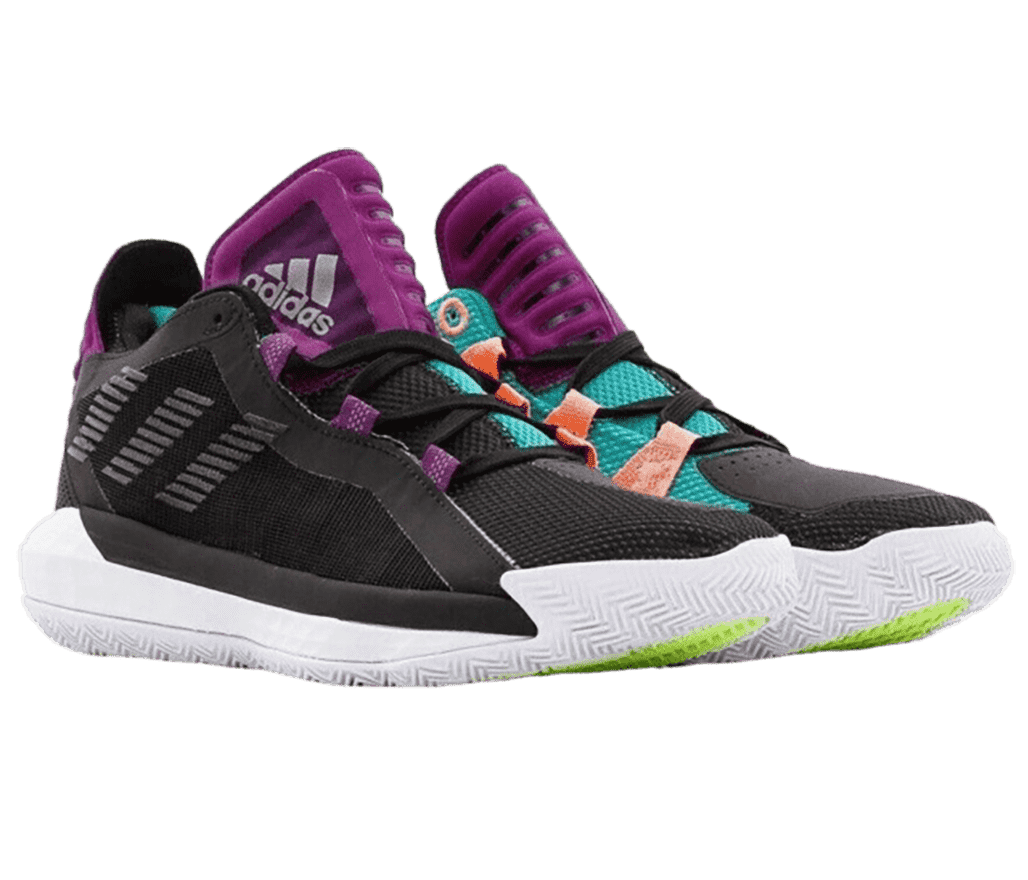 A pair of Adidas Performance Dame 6 sneakers in black and teal fabric, white rubber soles with lime accents, and purple plastic tongue pulls.