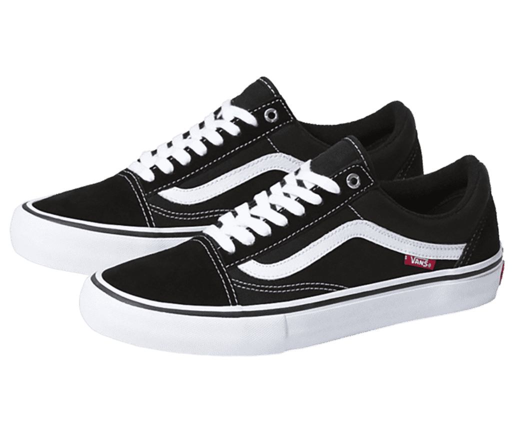A pair of Vans Old Skool shoes with a white soles, laces, and Vans stripe on the sides.