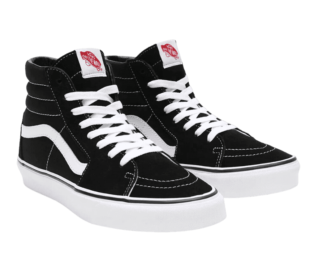 A pair of Vans SK8-Hi sneakers in black felt uppers and white laces, soles, and Vans stripes on the sides.