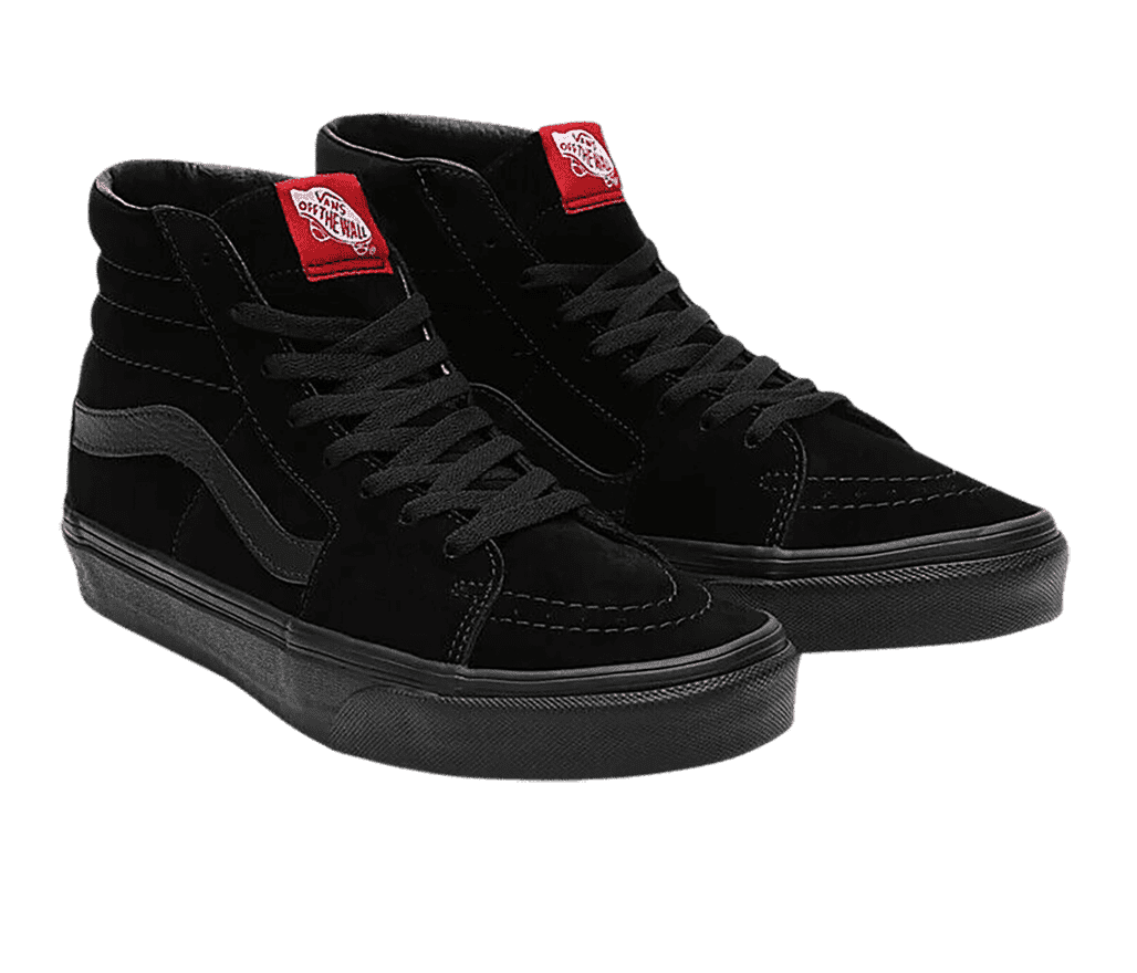 A pair of Vans SK8-Hi sneakers in black suede with rubber soles, and leather Vans stripes on the sides.